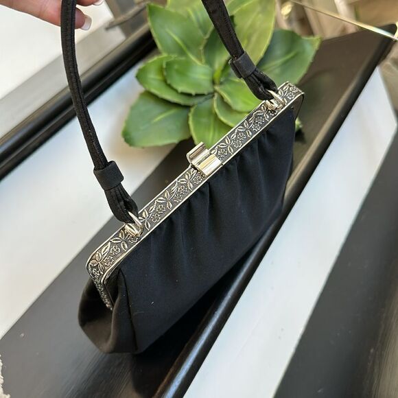 L and M vintage-look like new evening bag satchel purse black silver canvas - Picture 5 of 12